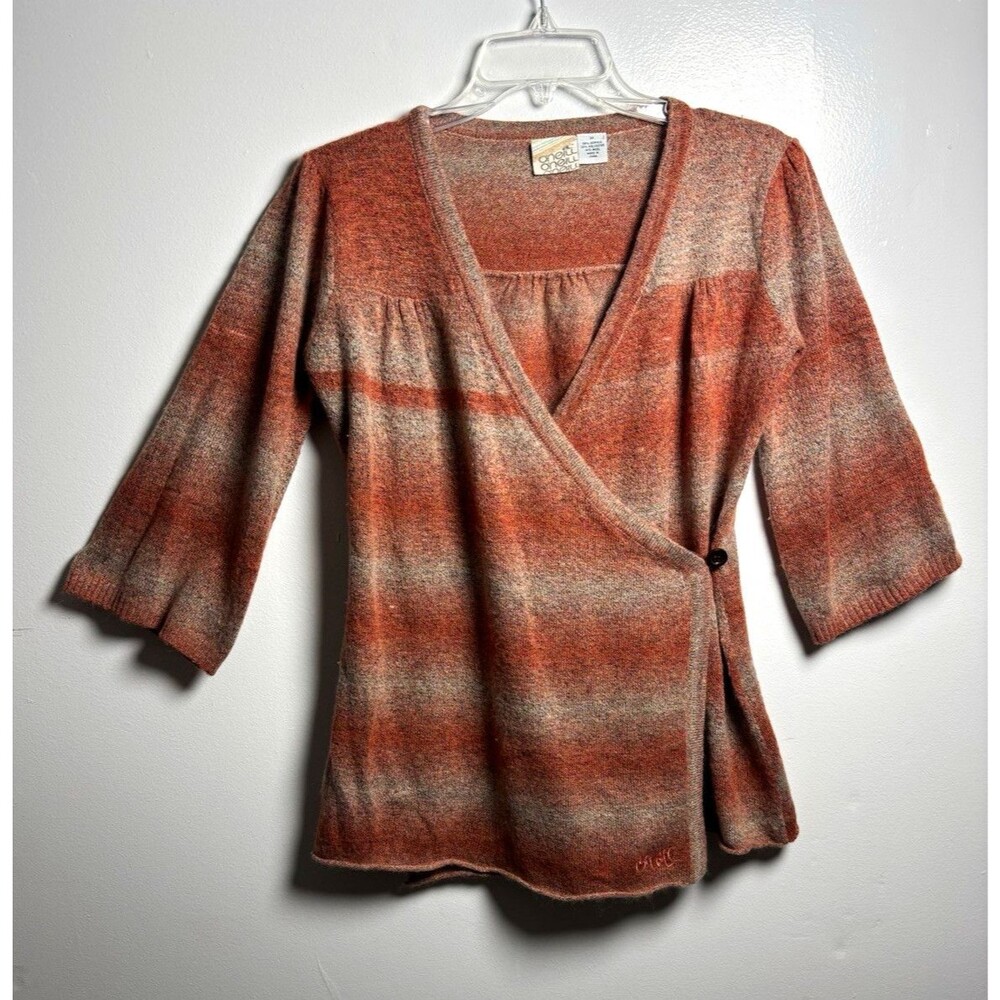O'Neill Women’s M Brown Gray Striped Wrap V-Neck 3/4 Sleeve Knit Sweater